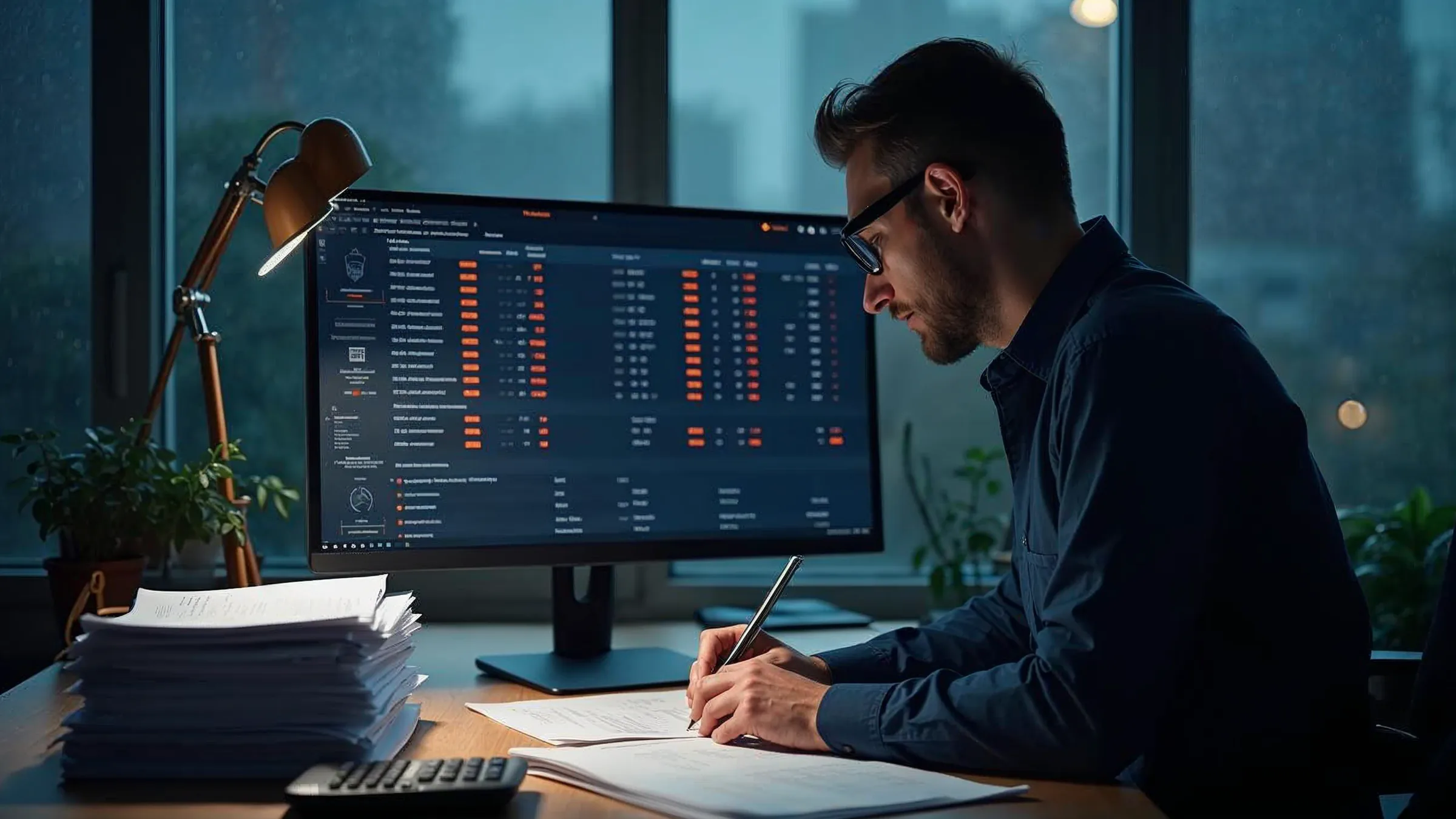 KI-erzeugtes Bild: Kalkulator abends am Schreibtisch mit einem Stapel Ausschreibungsunterlagen, auf dem Monitor eine lange Leistungsverzeichnis-Tabelle mit orange markierten Zeilen
