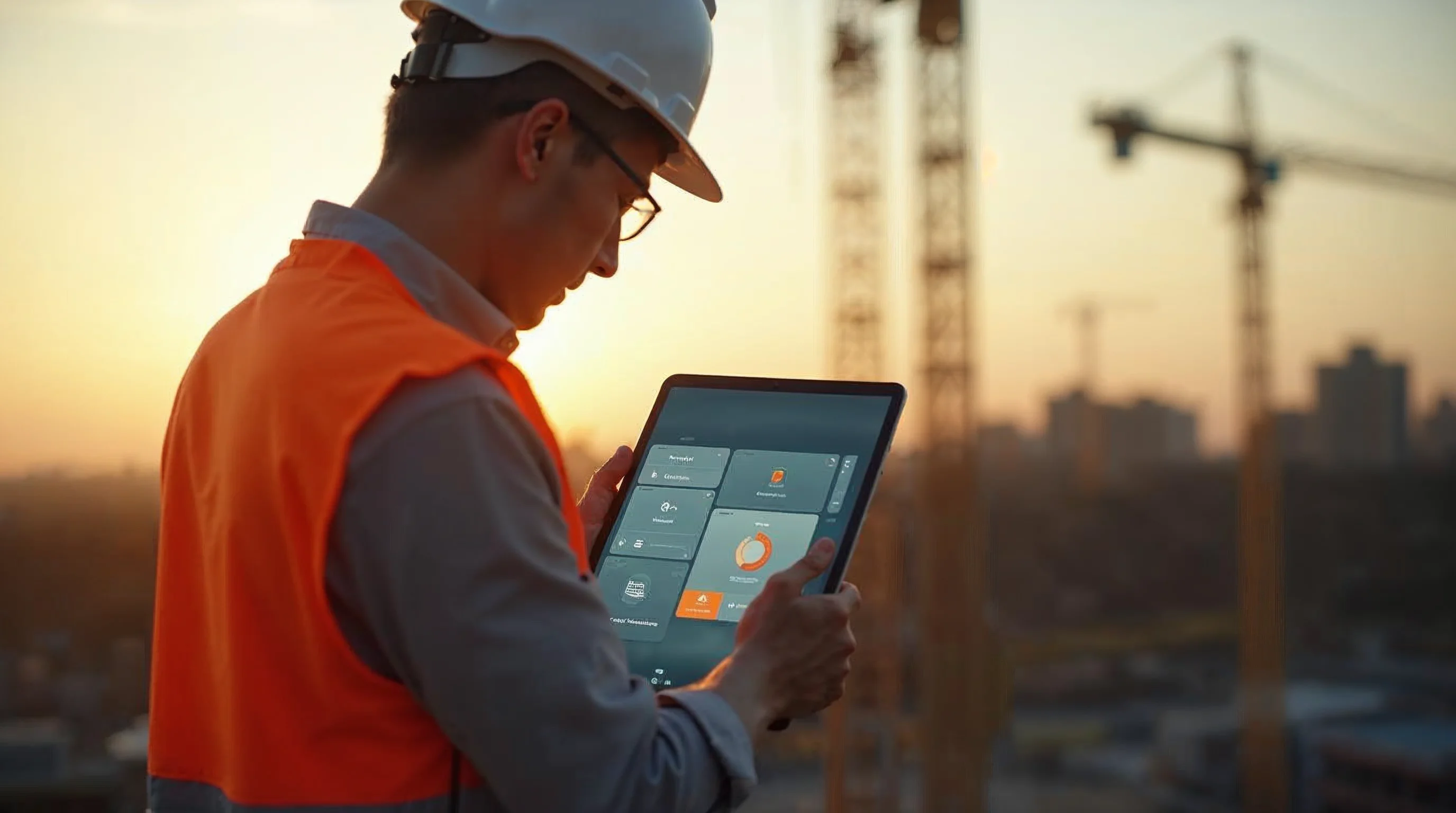 KI-erzeugtes Bild: Bauingenieur auf der Baustelle mit Tablet, das einen 3D-Scan des Bauwerks zeigt, im Abendlicht